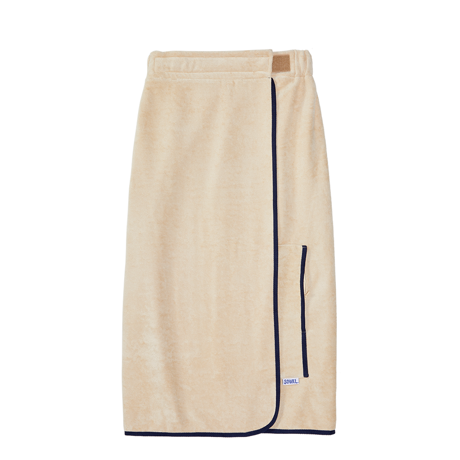 Saunakilt Damen aus Bio-Baumwolle in Sand mit Navy – flach liegend