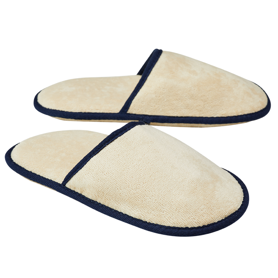 Frottee-Hausschuhe aus Bio-Baumwolle in Sand mit Navy – Paar