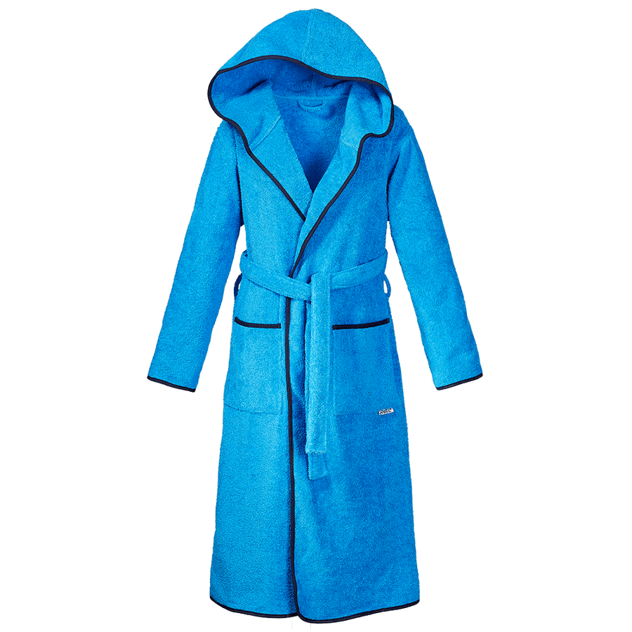 Bademantel mit Kapuze aus Bio-Baumwolle in Blau mit Navy – Vorderansicht