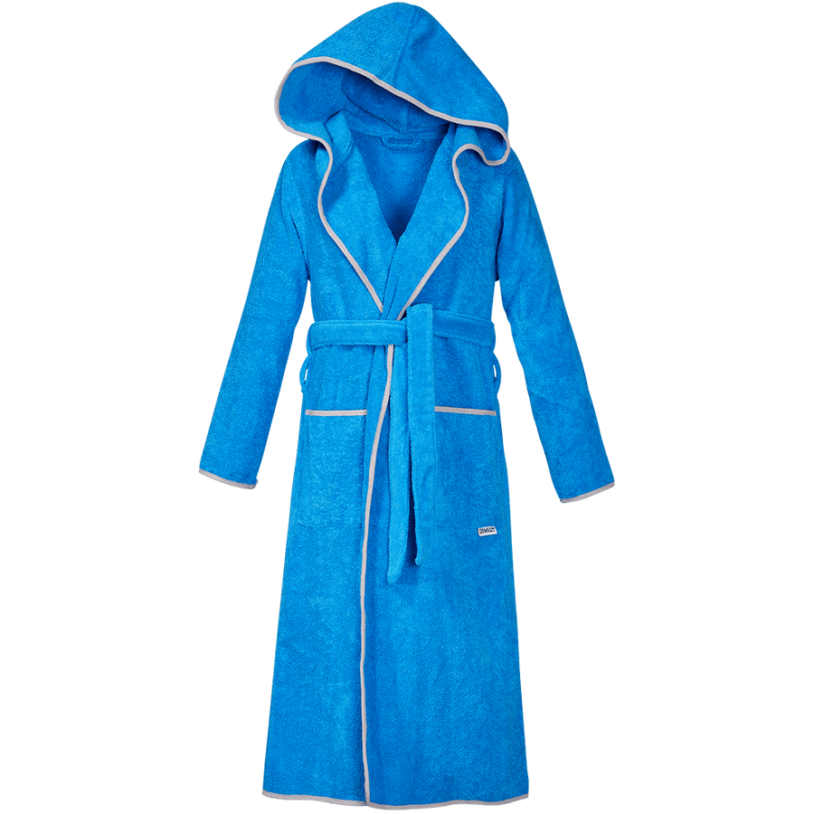 Bademantel mit Kapuze aus Bio-Baumwolle in Blau mit Grau – Vorderansicht