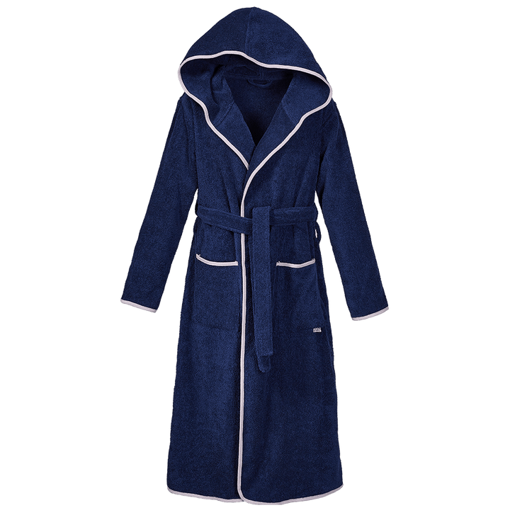 Bademantel mit Kapuze aus Bio-Baumwolle in Navy mit Grau – Vorderansicht