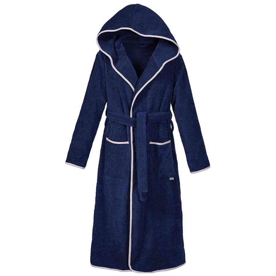 Bademantel mit Kapuze aus Bio-Baumwolle in Navy mit Grau – Vorderansicht