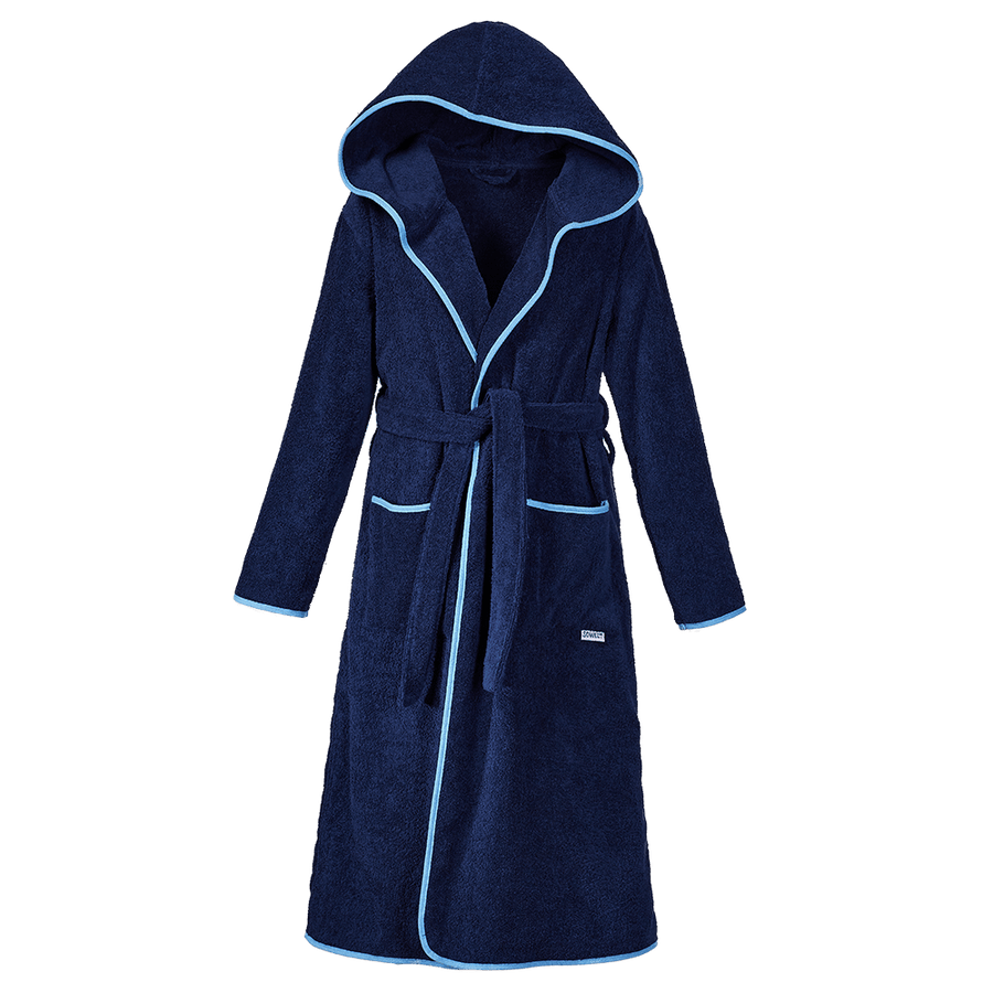 Bademantel mit Kapuze aus Bio-Baumwolle in Navy mit Blau – Vorderansicht