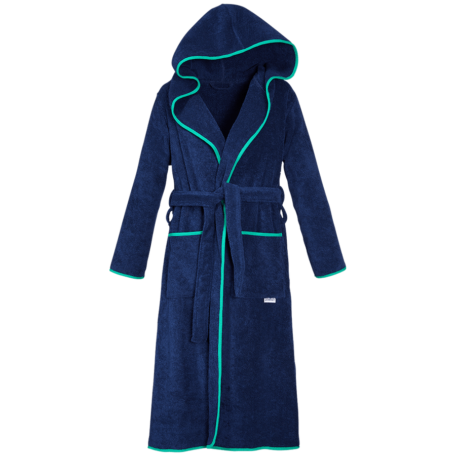 Bademantel mit Kapuze aus Bio-Baumwolle in Navy mit Grün – Vorderansicht