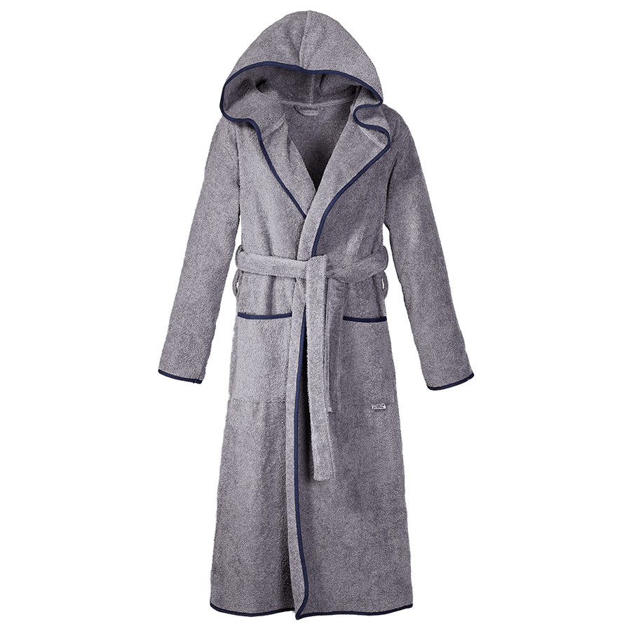 Bademantel mit Kapuze aus Bio-Baumwolle in Grau mit Navy – Vorderansicht