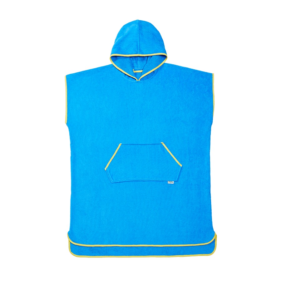 Surfponcho aus Bio-Baumwolle in Blau mit Gelb – Vorderansicht