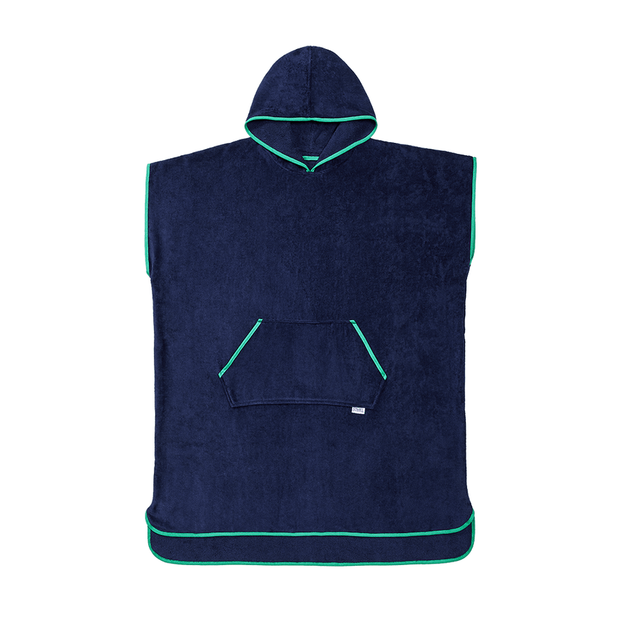 Surfponcho aus Bio-Baumwolle in Navy mit Grün – Vorderansicht