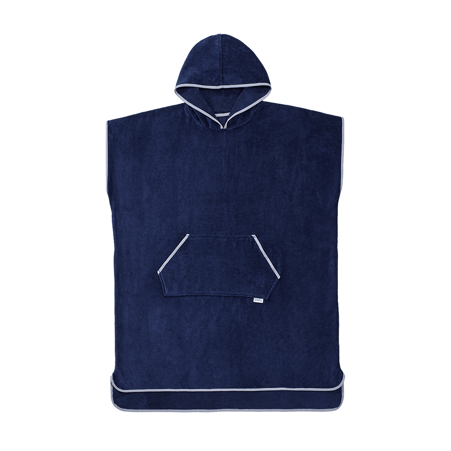 Surfponcho aus Bio-Baumwolle in Navy mit Grau – Vorderansicht