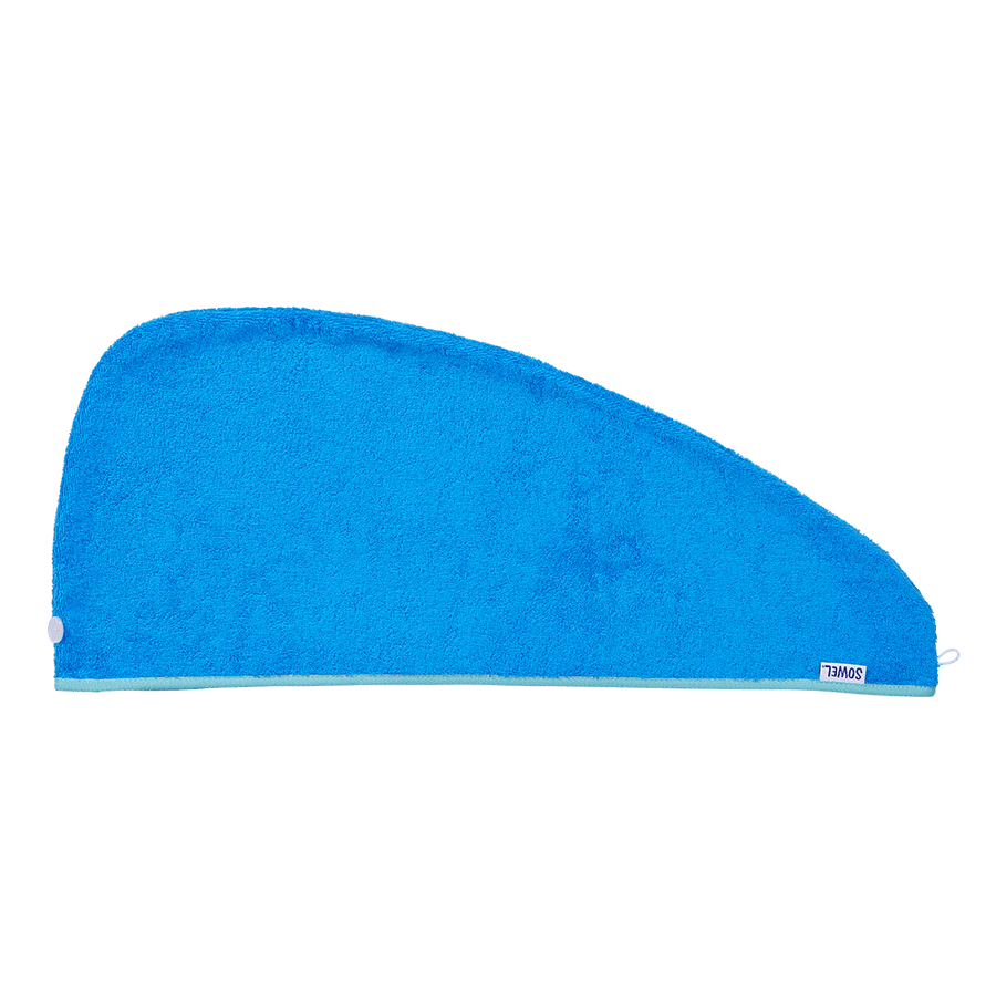 Haarturban mit Knopf aus Bio-Baumwolle in Blau mit Türkis – flach liegend