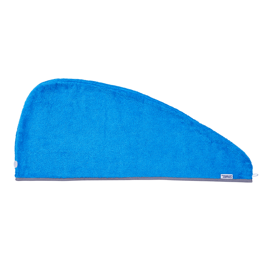 Haarturban mit Knopf aus Bio-Baumwolle in Blau mit Grau – flach liegend