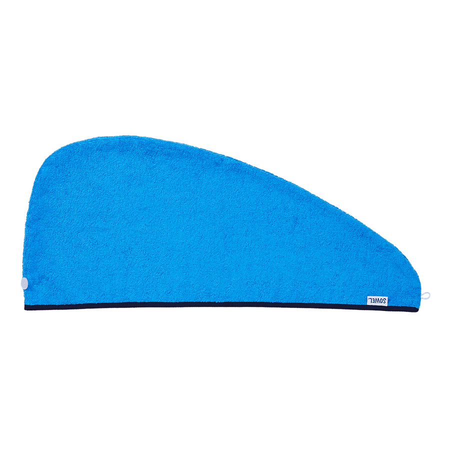 Haarturban mit Knopf aus Bio-Baumwolle in Blau mit Navy – flach liegend
