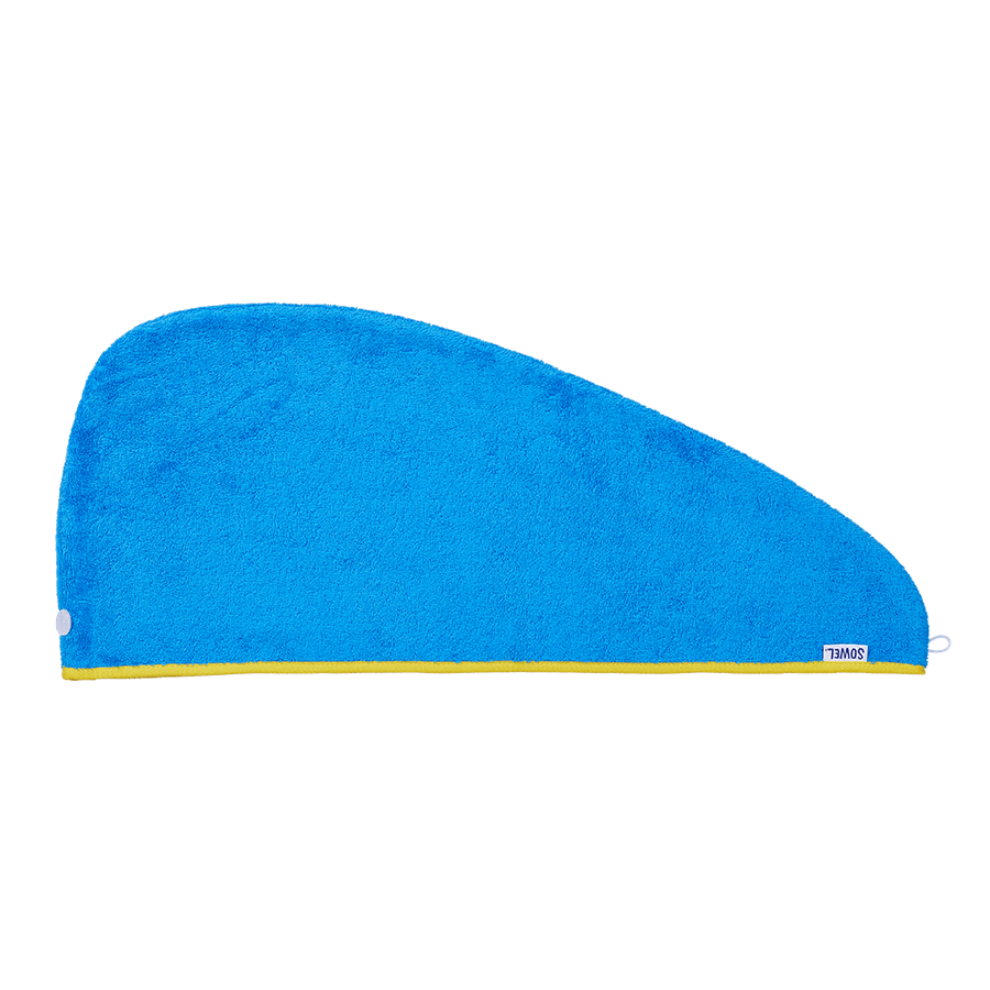 Haarturban mit Knopf aus Bio-Baumwolle in Blau mit Gelb – flach liegend