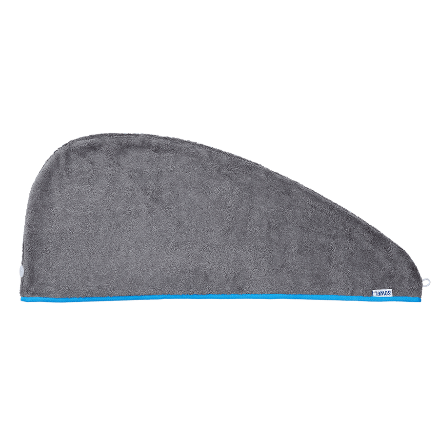 Haarturban mit Knopf aus Bio-Baumwolle in Grau mit Blau – flach liegend