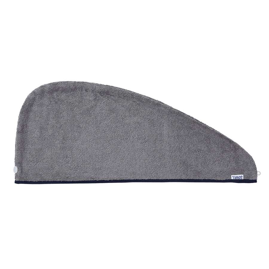 Haarturban mit Knopf aus Bio-Baumwolle in Grau mit Navy – flach liegend