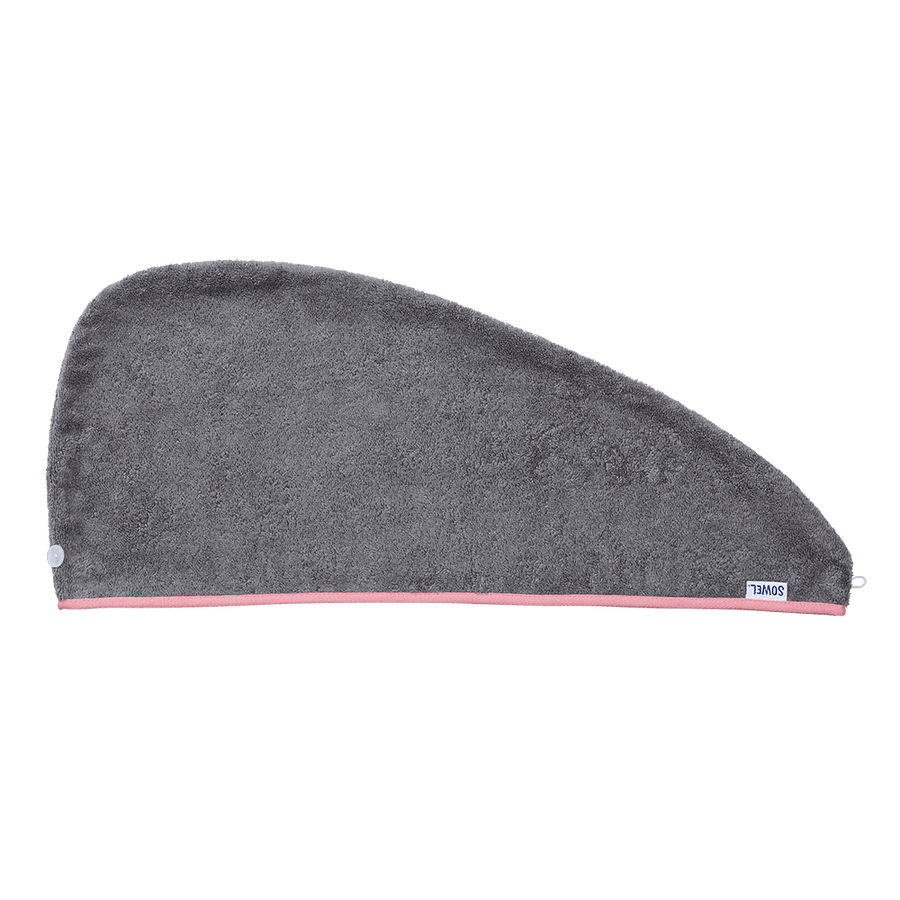 Haarturban mit Knopf aus Bio-Baumwolle in Grau mit Rosa – flach liegend
