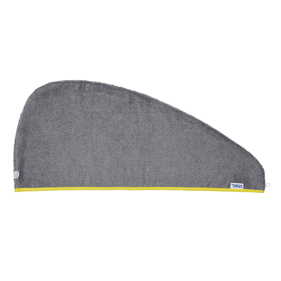 Haarturban mit Knopf aus Bio-Baumwolle in Grau mit Gelb – flach liegend