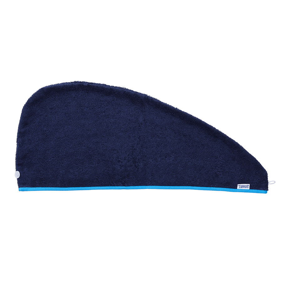 Haarturban mit Knopf aus Bio-Baumwolle in Navy mit Blau – flach liegend