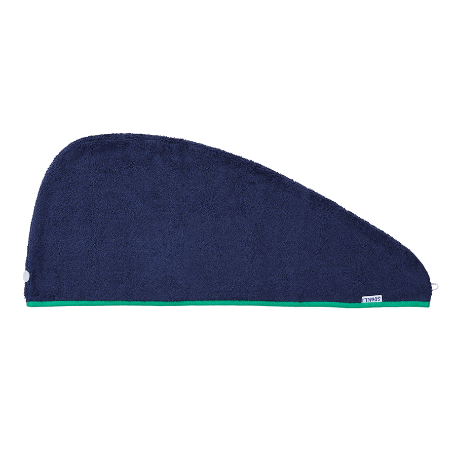 Haarturban mit Knopf aus Bio-Baumwolle in Navy mit Grün – flach liegend