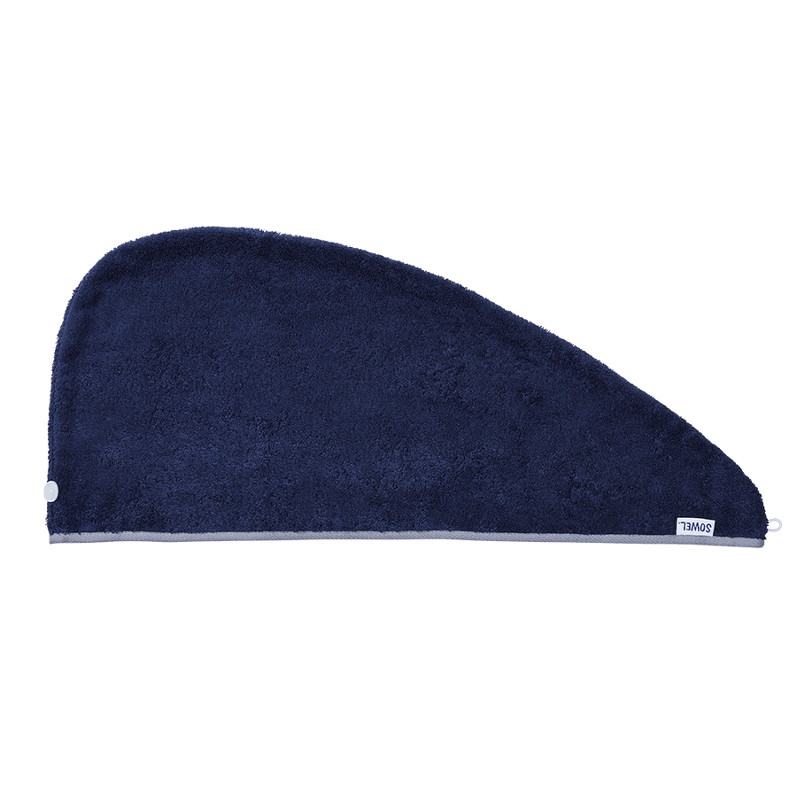 Haarturban mit Knopf aus Bio-Baumwolle in Navy mit Grau – flach liegend