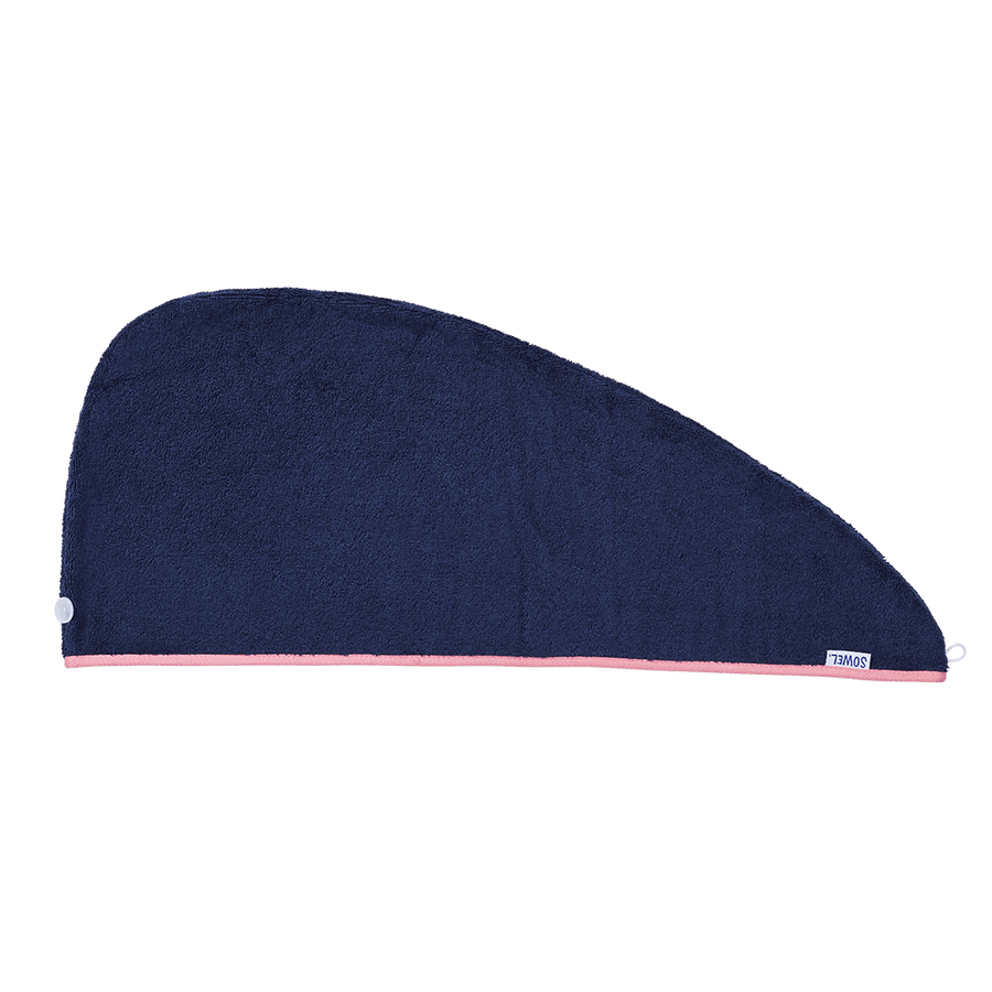 Haarturban mit Knopf aus Bio-Baumwolle in Navy mit Rosa – flach liegend